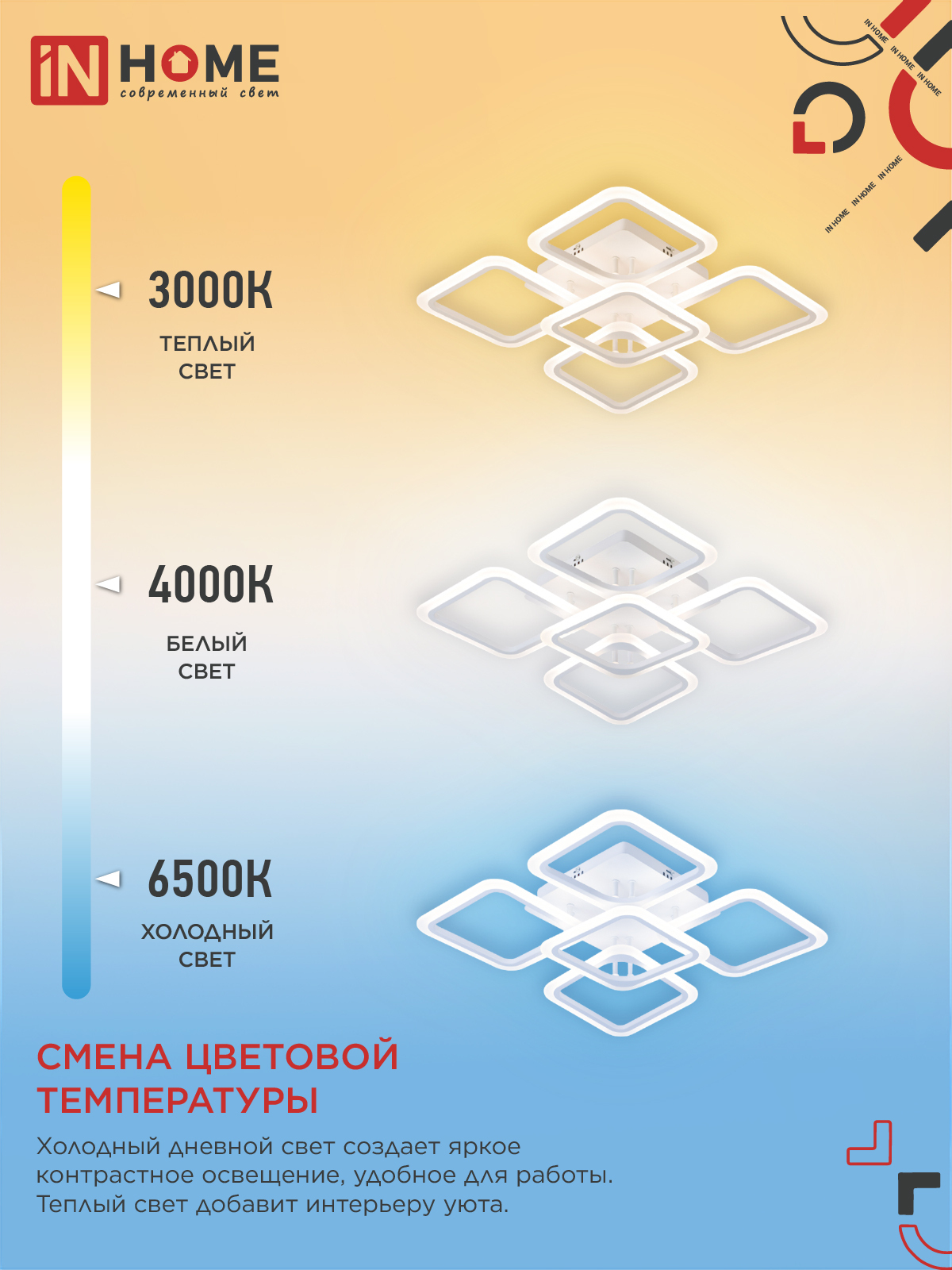 Светильник светодиодный ELEGANT ARIS-W 90Вт 230В 3000-6500K 7000Лм 590х590х130мм c пультом ДУ белый IN HOME  – купить кабель и провод оптом и в розницу  Светильник светодиодный ELEGANT ARIS-W 90Вт 230В 3000-6500K 7000Лм 590х590х130мм c пультом ДУ белый IN HOME во Владивостоке