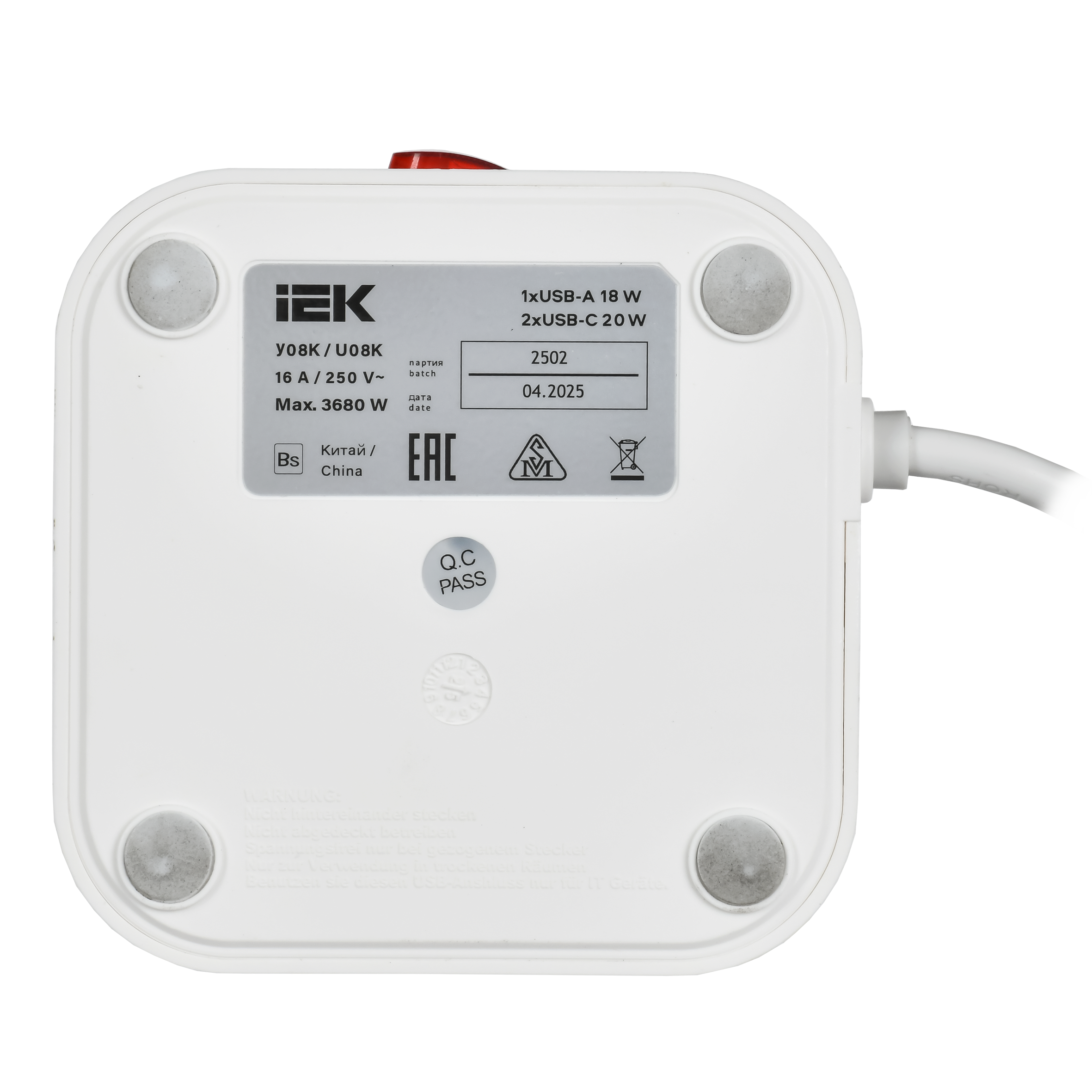 Удлинитель DOMINIC У08K 1,5м 3х1мм2 USB A+C 20Вт белый IEK во Владивостоке