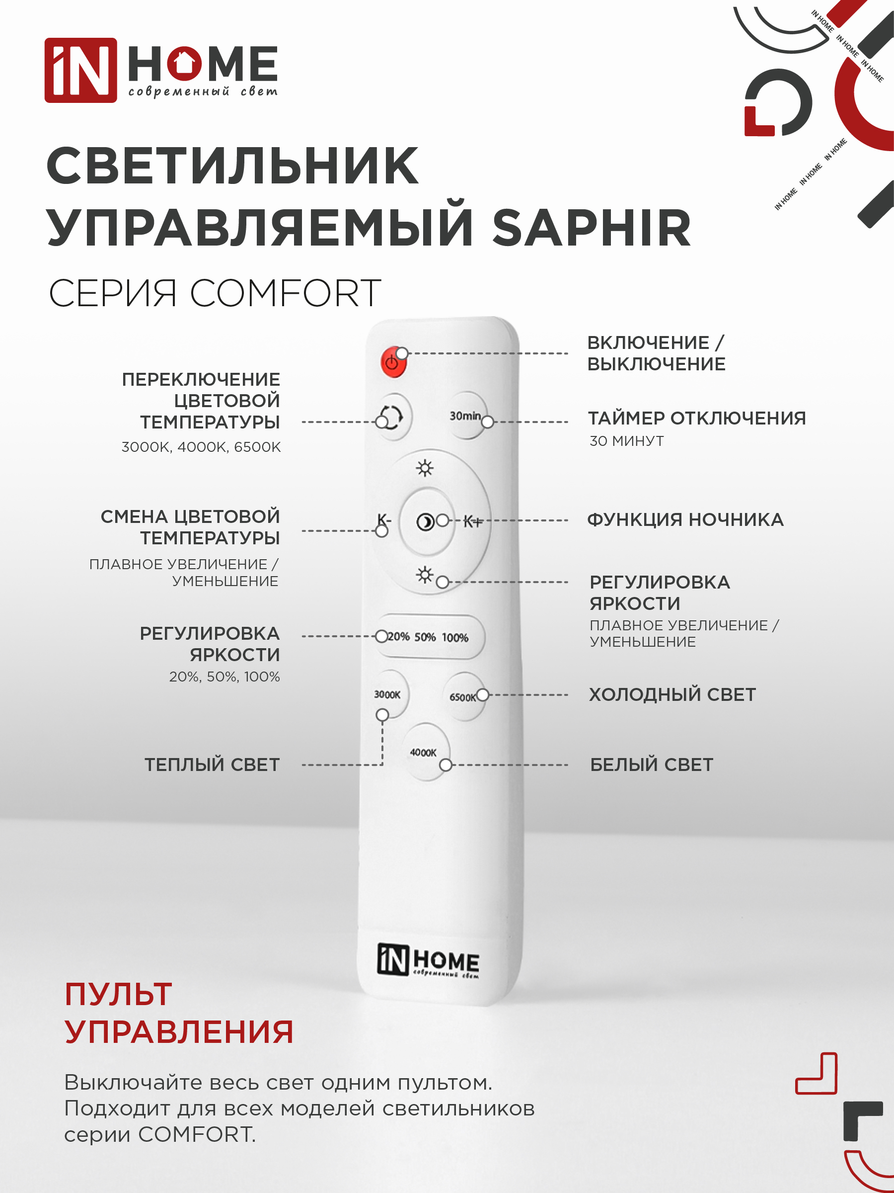 Светильник светодиодный COMFORT SAPHIR 120Вт 230В 3000-6500K 9600Лм 490x115мм с пультом ДУ IN HOME во Владивостоке