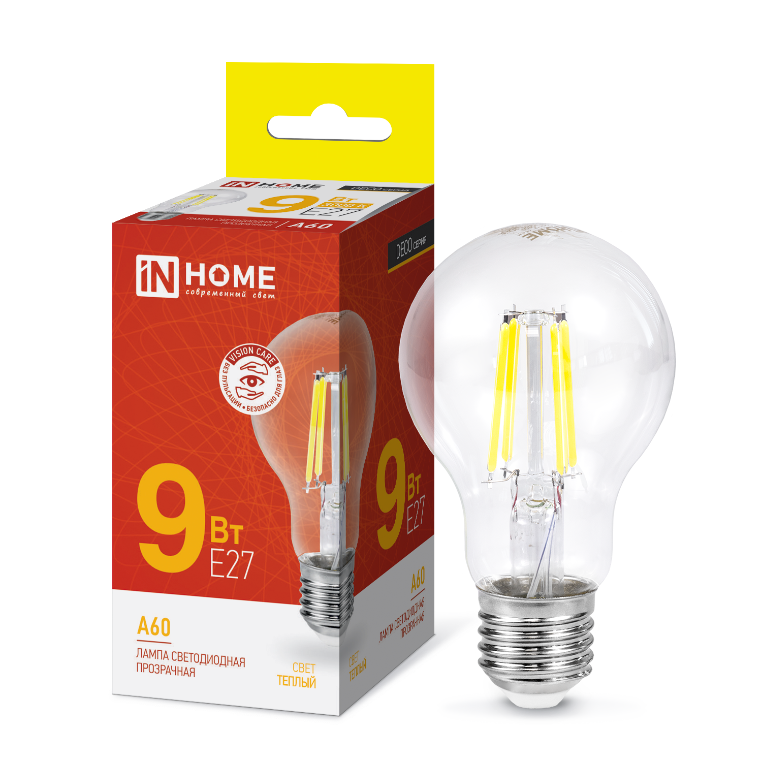 Лампа светодиодная LED-A60-deco 9Вт 230В Е27 3000К 1040Лм прозрачная IN HOME во Владивостоке