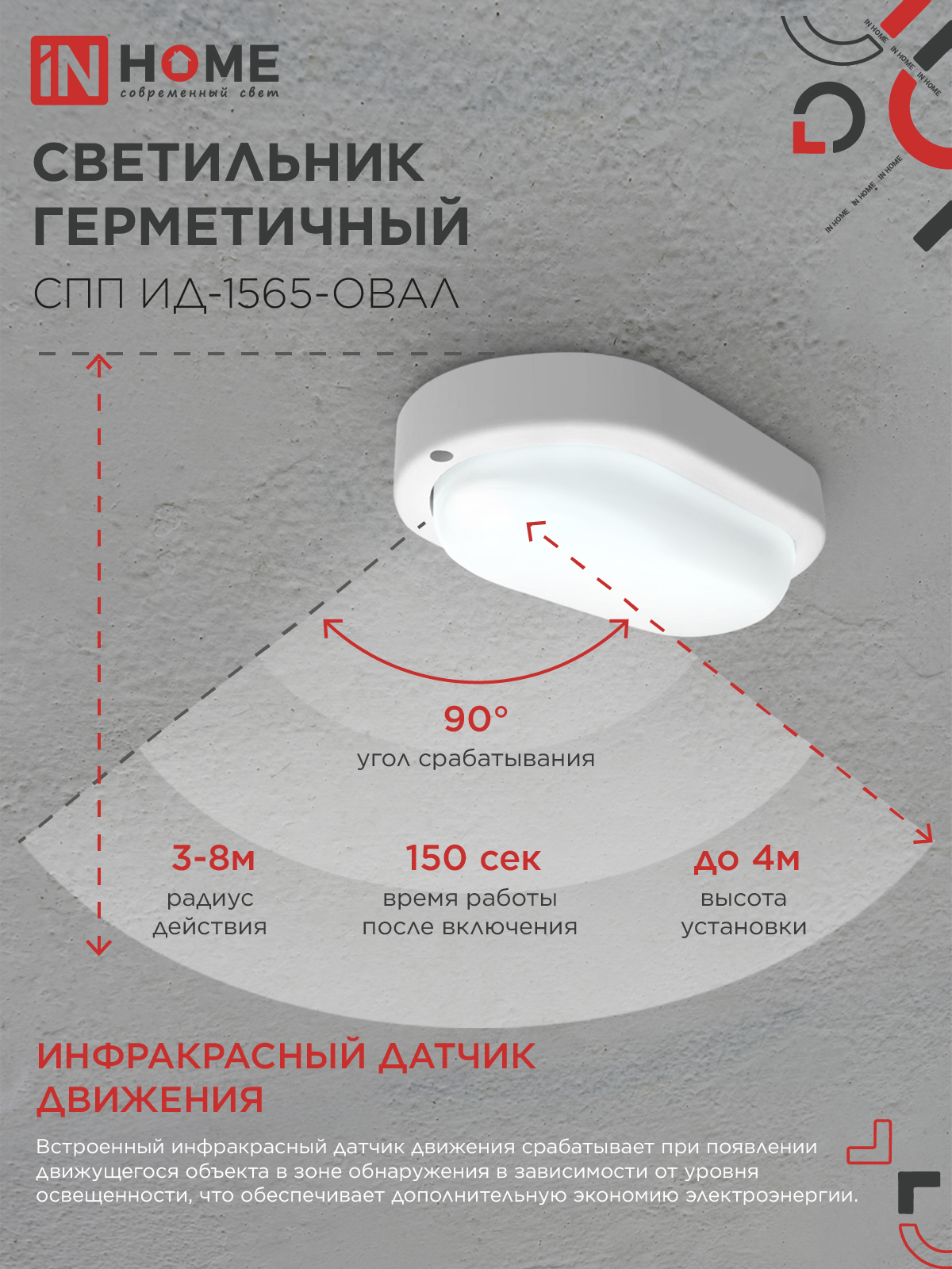 Светильник светодиодный герметичный СПП ИД-1565-ОВАЛ 15Вт 6500К 1350Лм с инфракрасным датчиком IP65 160х88мм IN HOME во Владивостоке