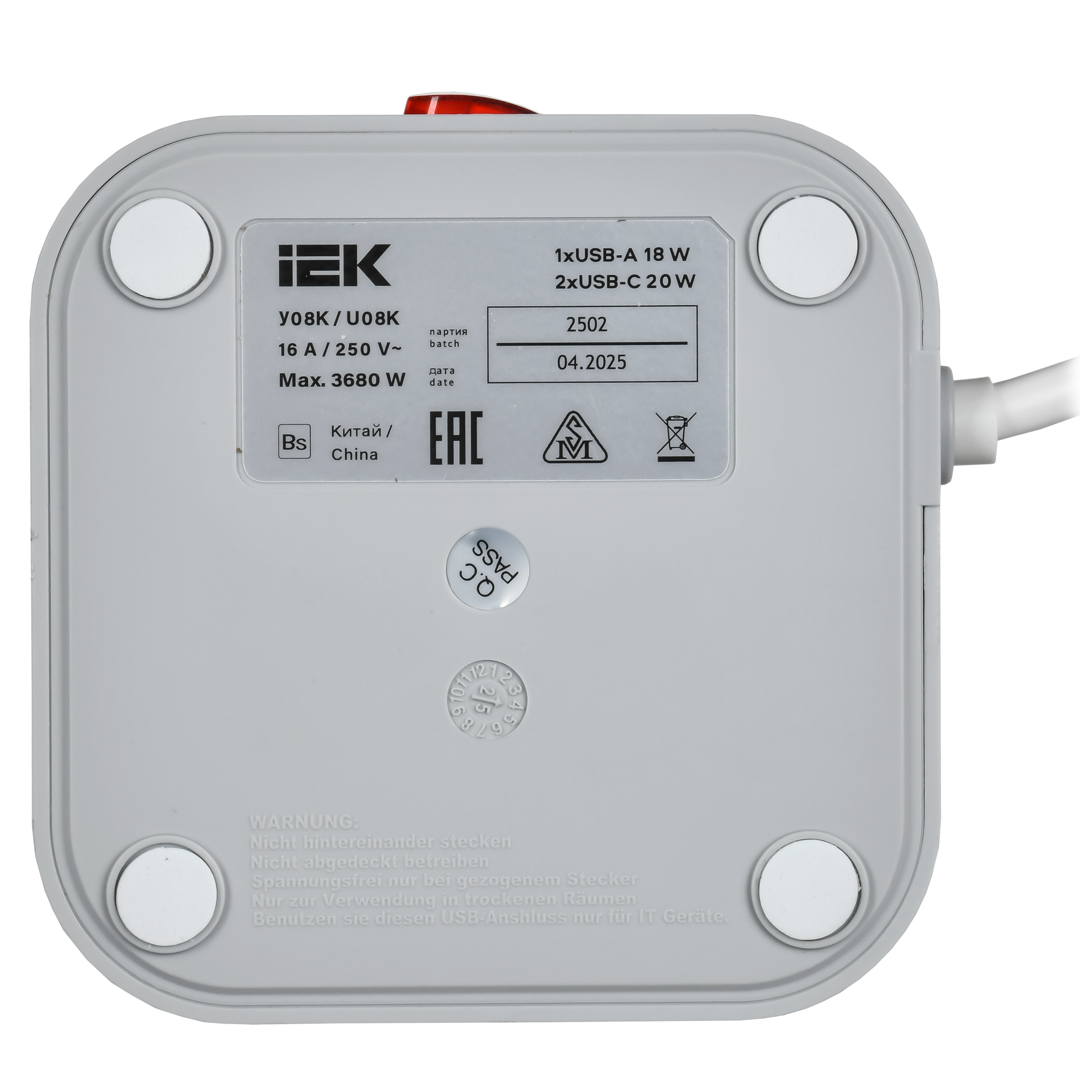 Удлинитель DOMINIC У08K 1,5м 3х1мм2 USB A+C 20Вт серый IEK во Владивостоке