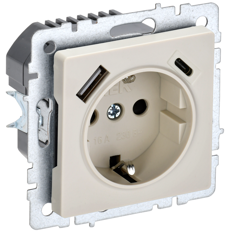 Розетка одинарная с з/к со шторками 16А с USB A+C 18Вт BRITE IEK бежевая  – купить розетки, рамки, выключатели оптом и в розницу  Розетка одинарная с з/к со шторками 16А с USB A+C 18Вт BRITE IEK бежевая во Владивостоке