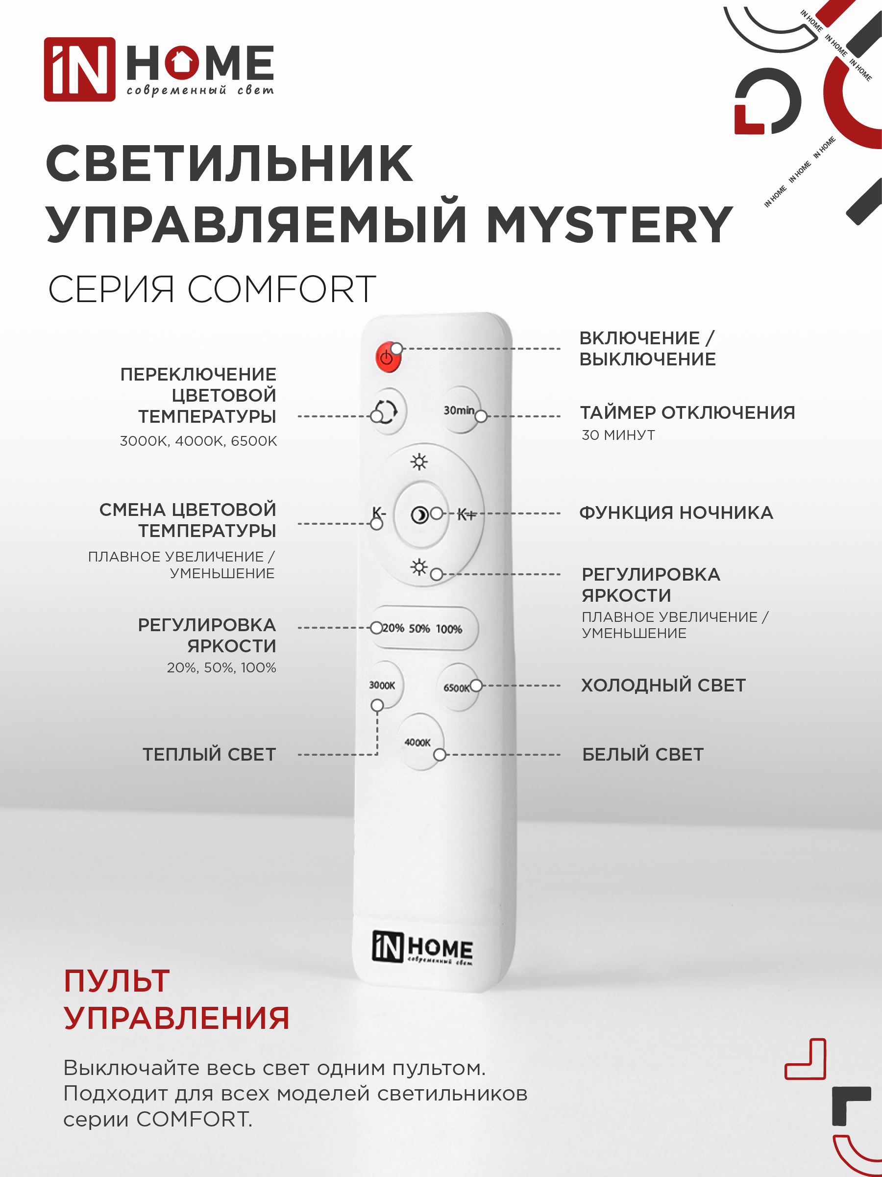 Светильник светодиодный COMFORT MYSTERY 120Вт 230В 3000-6500K 9600Лм 500x85мм с пультом ДУ IN HOME во Владивостоке
