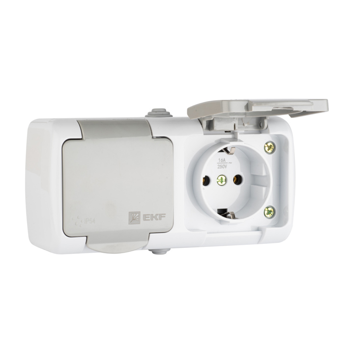 Мурманск Розетка 2-местная 16А с заземлением с крышкой IP54 серый с защитными шторками EKF во Владивостоке