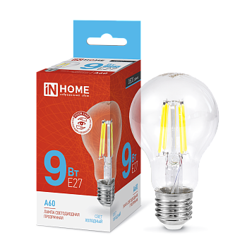 Лампа светодиодная LED-A60-deco 9Вт 230В Е27 6500К 1040Лм прозрачная IN HOME во Владивостоке