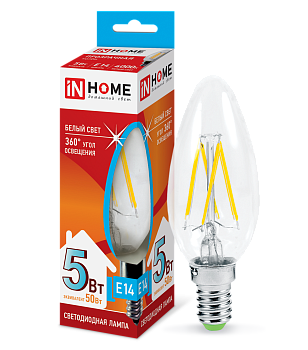 Лампа светодиодная LED-СВЕЧА-deco 5Вт 230В Е14 4000К 450Лм прозрачная IN HOME  – купить лампы всех видов оптом и в розницу  Лампа светодиодная LED-СВЕЧА-deco 5Вт 230В Е14 4000К 450Лм прозрачная IN HOME в Владивостоке
