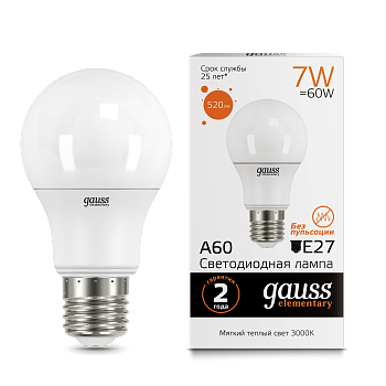Лампа светодиодная LED-A60 7Вт E27 3000K 520Лм Elementary GAUSS  – купить лампы всех видов оптом и в розницу  Лампа светодиодная LED-A60 7Вт E27 3000K 520Лм Elementary GAUSS во Владивостоке