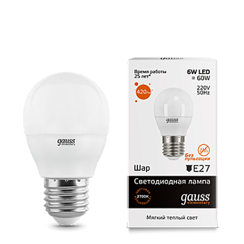Лампа светодиодная LED-ШАР 6Вт E27 3000K 420Лм Elementary GAUSS  – купить лампы всех видов оптом и в розницу  Лампа светодиодная LED-ШАР 6Вт E27 3000K 420Лм Elementary GAUSS во Владивостоке