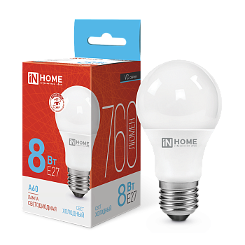 Лампа светодиодная LED-A60-VC 8Вт 230В Е27 6500К 760Лм IN HOME  – купить лампы всех видов оптом и в розницу  Лампа светодиодная LED-A60-VC 8Вт 230В Е27 6500К 760Лм IN HOME во Владивостоке