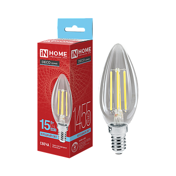 Лампа светодиодная LED-СВЕЧА-deco 15Вт 230В Е14 6500К 1455Лм прозрачная IN HOME  – купить лампы всех видов оптом и в розницу  Лампа светодиодная LED-СВЕЧА-deco 15Вт 230В Е14 6500К 1455Лм прозрачная IN HOME во Владивостоке