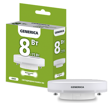 Лампа LED T80 таблетка 8Вт 230В 4000К GX53 GENERICA  – купить лампы всех видов оптом и в розницу  Лампа LED T80 таблетка 8Вт 230В 4000К GX53 GENERICA во Владивостоке