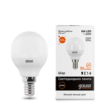 Лампа светодиодная LED-ШАР 6Вт E14 3000K 420Лм Elementary GAUSS  – купить лампы всех видов оптом и в розницу  Лампа светодиодная LED-ШАР 6Вт E14 3000K 420Лм Elementary GAUSS во Владивостоке