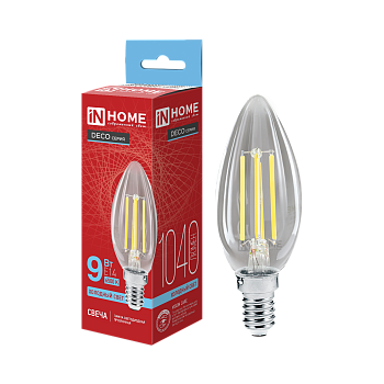 Лампа светодиодная LED-СВЕЧА-deco 9Вт 230В Е14 6500К 1040Лм прозрачная IN HOME во Владивостоке