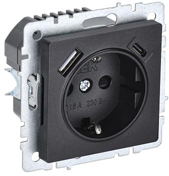 Розетка одинарная с з/к со шторками 16А с USB A+C 18Вт BRITE IEK черная  – купить розетки, рамки, выключатели оптом и в розницу  Розетка одинарная с з/к со шторками 16А с USB A+C 18Вт BRITE IEK черная во Владивостоке