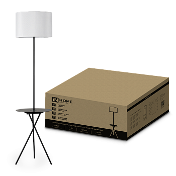 Светильник напольный под лампу ТНО 04П-Е27-WB 230В полка, белый абажур, черная тренога IN HOME  – купить кабель и провод оптом и в розницу  Светильник напольный под лампу ТНО 04П-Е27-WB 230В полка, белый абажур, черная тренога IN HOME во Владивостоке