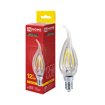 Лампа светодиодная LED-СВЕЧА НА ВЕТРУ-deco 12Вт 230В Е14 3000К 1350Лм прозрачная IN HOME во Владивостоке