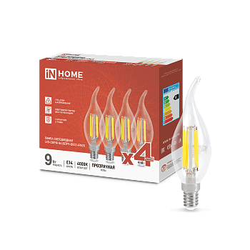 Лампа светодиодная LED-СВЕЧА НА ВЕТРУ-deco 4PACK 9Вт 230В Е14 4000К 1040Лм (4шт./упак) прозрачная IN HOME во Владивостоке