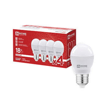 Лампа светодиодная LED-ШАР-VC 4PACK 18Вт 230В Е27 4000К 1620Лм (4шт./упак) IN HOME во Владивостоке