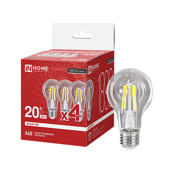 Лампа светодиодная LED-A60-deco 4PACK 20Вт 230В Е27 4000К 1890Лм (4шт./упак) прозрачная IN HOME во Владивостоке
