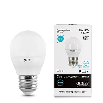 Лампа светодиодная LED-ШАР 6Вт E27 4100K 450Лм Elementary GAUSS  – купить лампы всех видов оптом и в розницу  Лампа светодиодная LED-ШАР 6Вт E27 4100K 450Лм Elementary GAUSS во Владивостоке