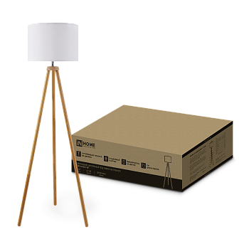 Светильник напольный под лампу ТНО 24-Е27-WT 230В белый абажур, деревянная тренога IN HOME  – купить кабель и провод оптом и в розницу  Светильник напольный под лампу ТНО 24-Е27-WT 230В белый абажур, деревянная тренога IN HOME во Владивостоке