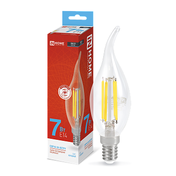 Лампа светодиодная LED-СВЕЧА НА ВЕТРУ-deco 7Вт 230В Е14 6500К 810Лм прозрачная IN HOME во Владивостоке