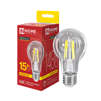 Лампа светодиодная LED-A60-deco 15Вт 230В Е27 3000К 1480Лм прозрачная IN HOME  – купить лампы всех видов оптом и в розницу  Лампа светодиодная LED-A60-deco 15Вт 230В Е27 3000К 1480Лм прозрачная IN HOME во Владивостоке