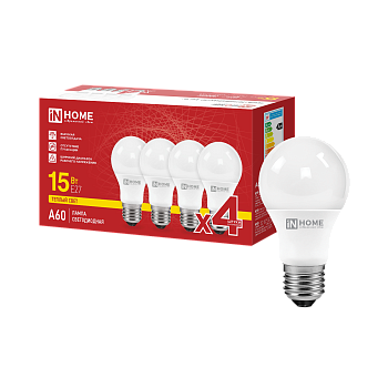 Лампа светодиодная LED-A60-VC 4PACK 15Вт 230В Е27 3000К 1430Лм (4шт./упак) IN HOME  – купить лампы всех видов оптом и в розницу  Лампа светодиодная LED-A60-VC 4PACK 15Вт 230В Е27 3000К 1430Лм (4шт./упак) IN HOME во Владивостоке