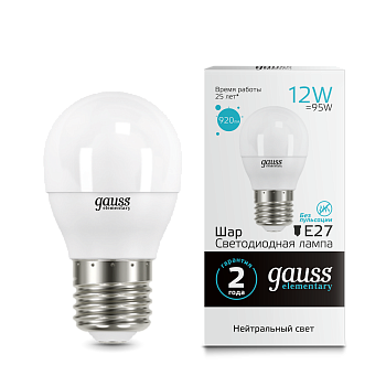 Лампа светодиодная LED-ШАР 12Вт E27 4100K 920Лм Elementary GAUSS  – купить лампы всех видов оптом и в розницу  Лампа светодиодная LED-ШАР 12Вт E27 4100K 920Лм Elementary GAUSS во Владивостоке