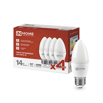 Лампа светодиодная LED-СВЕЧА-VC 4PACK 14Вт 230В Е27 4000К 1330Лм (4шт./упак) IN HOME  – купить лампы всех видов оптом и в розницу  Лампа светодиодная LED-СВЕЧА-VC 4PACK 14Вт 230В Е27 4000К 1330Лм (4шт./упак) IN HOME в Владивостоке