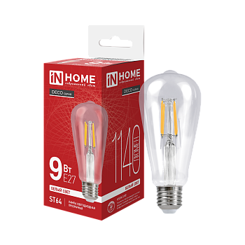 Лампа светодиодная LED-ST64-deco 9Вт 230В Е27 4000К 1140Лм прозрачная IN HOME  – купить лампы всех видов оптом и в розницу  Лампа светодиодная LED-ST64-deco 9Вт 230В Е27 4000К 1140Лм прозрачная IN HOME в Владивостоке