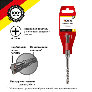 Бур по бетону 6х110 мм крестовая пластина SDS PLUS Kranz во Владивостоке