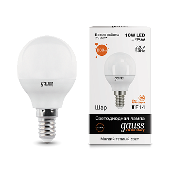 Лампа светодиодная LED-ШАР 10Вт E14 3000K 880Лм Elementary GAUSS  – купить лампы всех видов оптом и в розницу  Лампа светодиодная LED-ШАР 10Вт E14 3000K 880Лм Elementary GAUSS во Владивостоке