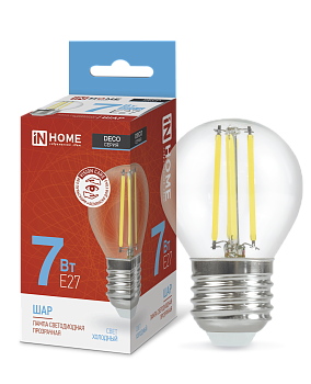 Лампа светодиодная LED-ШАР-deco 7Вт 230В Е27 6500К 810Лм прозрачная IN HOME  – купить лампы всех видов оптом и в розницу  Лампа светодиодная LED-ШАР-deco 7Вт 230В Е27 6500К 810Лм прозрачная IN HOME во Владивостоке