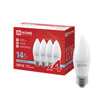 Лампа светодиодная LED-СВЕЧА-VC 4PACK 14Вт 230В Е27 6500К 1330Лм (4шт./упак) IN HOME во Владивостоке