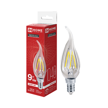 Лампа светодиодная LED-СВЕЧА НА ВЕТРУ-deco 9Вт 230В Е14 4000К 1040Лм прозрачная IN HOME  – купить лампы всех видов оптом и в розницу  Лампа светодиодная LED-СВЕЧА НА ВЕТРУ-deco 9Вт 230В Е14 4000К 1040Лм прозрачная IN HOME в Владивостоке