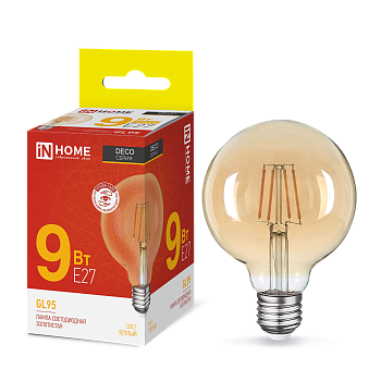 Лампа светодиодная LED-GL-95-deco gold 9Вт 230В Е27 3000К 1040Лм золотистая IN HOME во Владивостоке