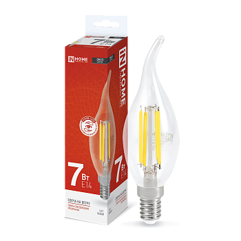 Лампа светодиодная LED-СВЕЧА НА ВЕТРУ-deco 7Вт 230В Е14 4000К 810Лм прозрачная IN HOME во Владивостоке