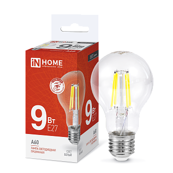 Лампа светодиодная LED-A60-deco 9Вт 230В Е27 4000К 1040Лм прозрачная IN HOME во Владивостоке