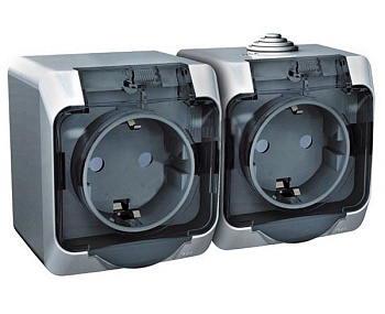 Розетка двойная ЭТЮД SE накладная со шторками c крышкой полугерметичная с з/к серая во Владивостоке