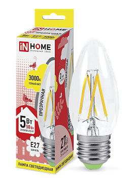 Лампа светодиодная LED-СВЕЧА-deco 5Вт 230В Е27 3000К 450Лм прозрачная IN HOME  – купить лампы всех видов оптом и в розницу  Лампа светодиодная LED-СВЕЧА-deco 5Вт 230В Е27 3000К 450Лм прозрачная IN HOME в Владивостоке