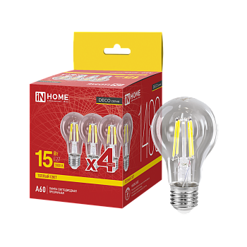 Лампа светодиодная LED-A60-deco 4PACK 15Вт 230В Е27 3000К 1480Лм (4шт./упак) прозрачная IN HOME во Владивостоке