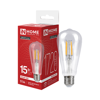 Лампа светодиодная LED-ST64-deco 15Вт 230В Е27 4000К 1720Лм прозрачная IN HOME  – купить лампы всех видов оптом и в розницу  Лампа светодиодная LED-ST64-deco 15Вт 230В Е27 4000К 1720Лм прозрачная IN HOME во Владивостоке