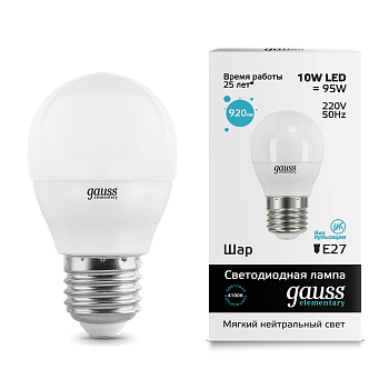 Лампа светодиодная LED-ШАР 10Вт E27 4100K 920Лм Elementary GAUSS  – купить лампы всех видов оптом и в розницу  Лампа светодиодная LED-ШАР 10Вт E27 4100K 920Лм Elementary GAUSS во Владивостоке