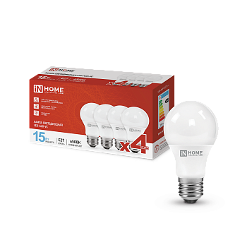 Лампа светодиодная LED-A60-VC 4PACK 15Вт 230В Е27 6500К 1430Лм (4шт./упак) IN HOME  – купить лампы всех видов оптом и в розницу  Лампа светодиодная LED-A60-VC 4PACK 15Вт 230В Е27 6500К 1430Лм (4шт./упак) IN HOME во Владивостоке