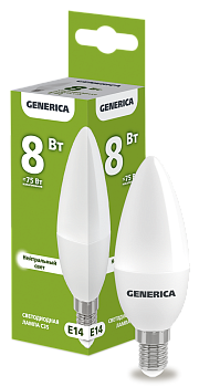 Лампа LED C35 свеча 8Вт 230В 4000К E14 GENERICA  – купить лампы всех видов оптом и в розницу  Лампа LED C35 свеча 8Вт 230В 4000К E14 GENERICA во Владивостоке