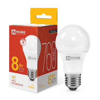 Лампа светодиодная LED-A60-VC 8Вт 230В Е27 3000К 760Лм IN HOME  – купить лампы всех видов оптом и в розницу  Лампа светодиодная LED-A60-VC 8Вт 230В Е27 3000К 760Лм IN HOME в Владивостоке
