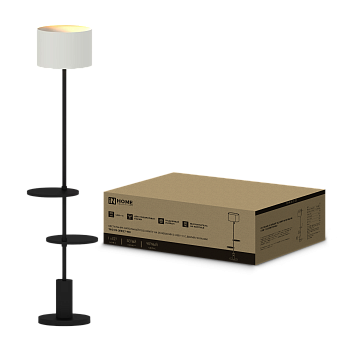 Светильник напольный под лампу ТНО 09-2ПЕ27-WB USB-C две полки, белый абажур, черное основание IN HOME во Владивостоке