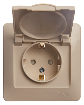 Розетка одинарная Glossa SE с крышкой с заземлением бежевая в сборе во Владивостоке